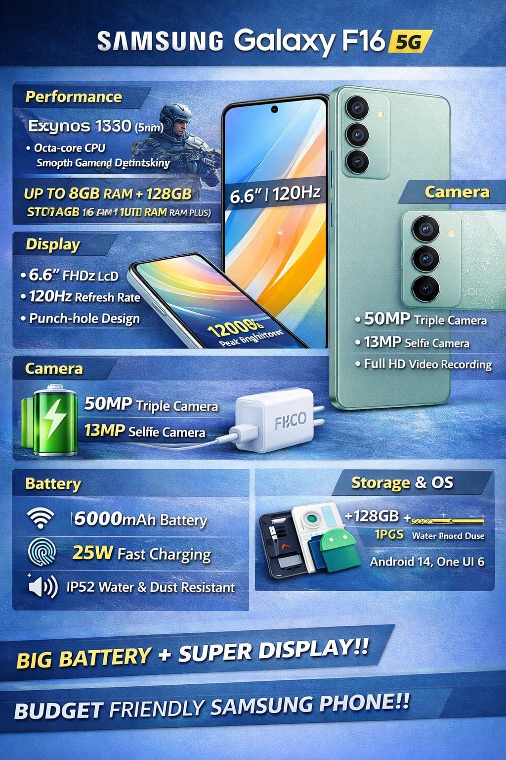 Samsung Galaxy F16 5G - best smartphones under ₹15,000 in 2026