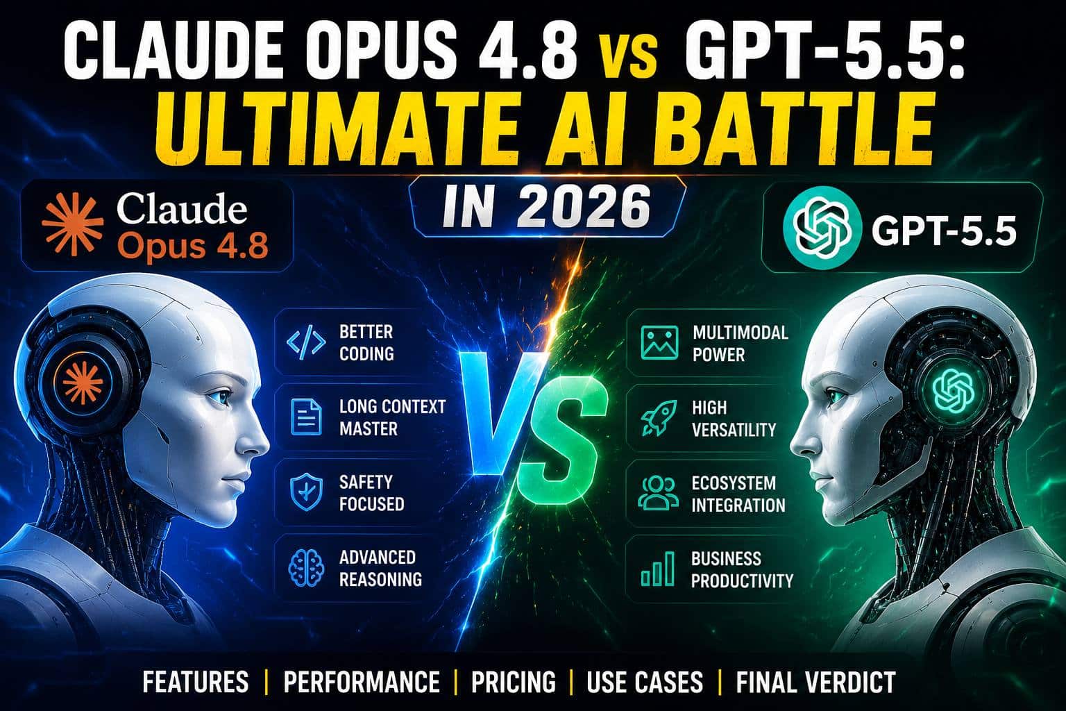 Claude Opus 4.8 vs GPT-5.5 Ultimate AI Battle in 2026 comparison thumbnail featuring two advanced AI robots, coding, reasoning, productivity, and multimodal capabilities.