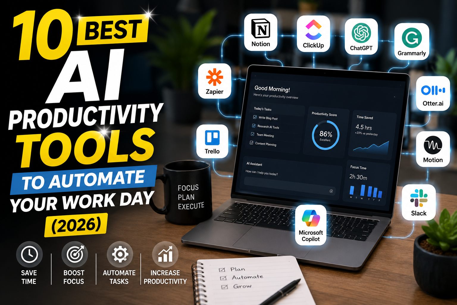 10 Best AI Productivity Tools to Automate Your Work Day (2026) thumbnail featuring modern AI software and workflow automation.