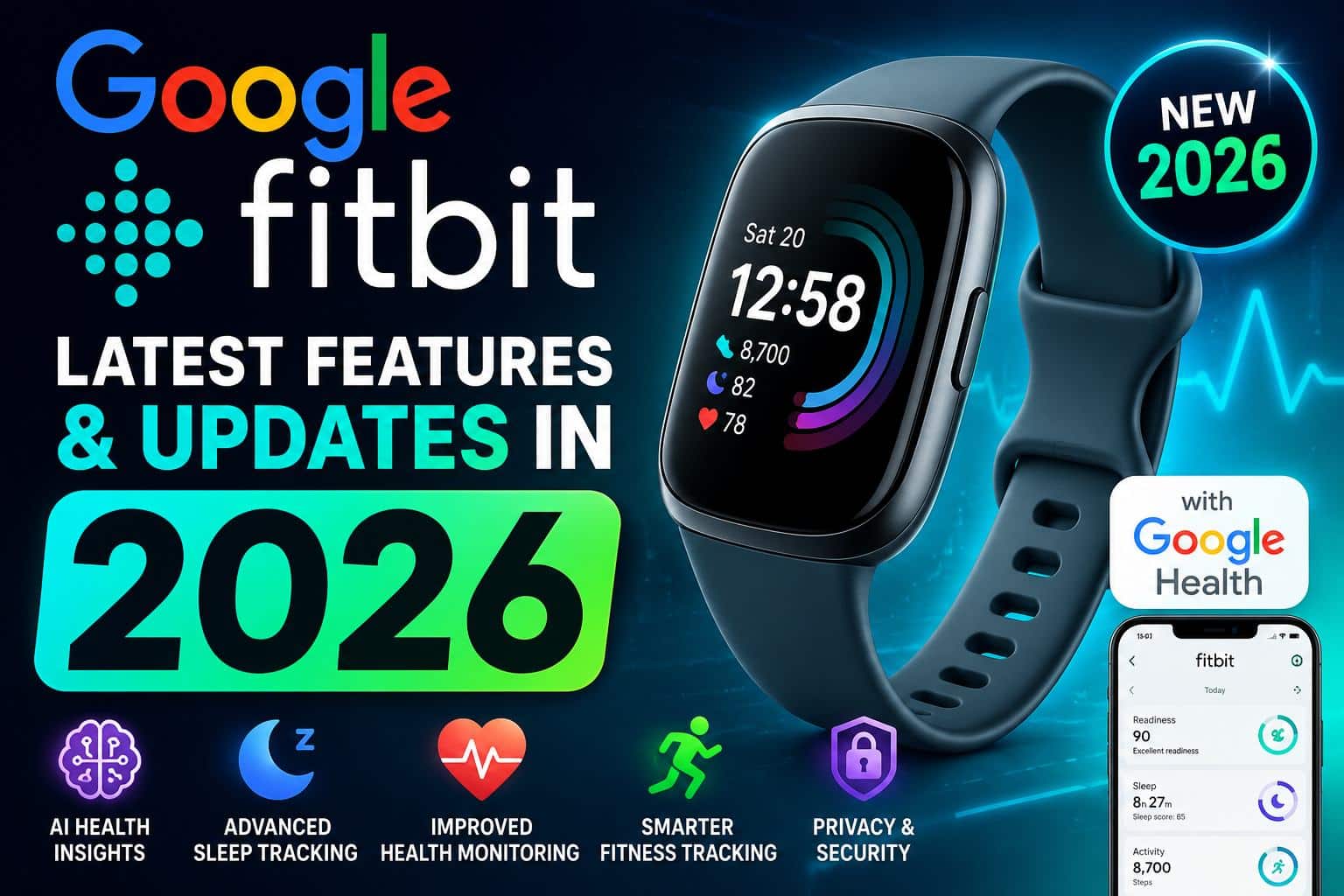Google Fitbit Latest Features and Updates in 2026 showing AI health insights, advanced sleep tracking, improved health monitoring, fitness tracking, privacy features, and Google Health integration.