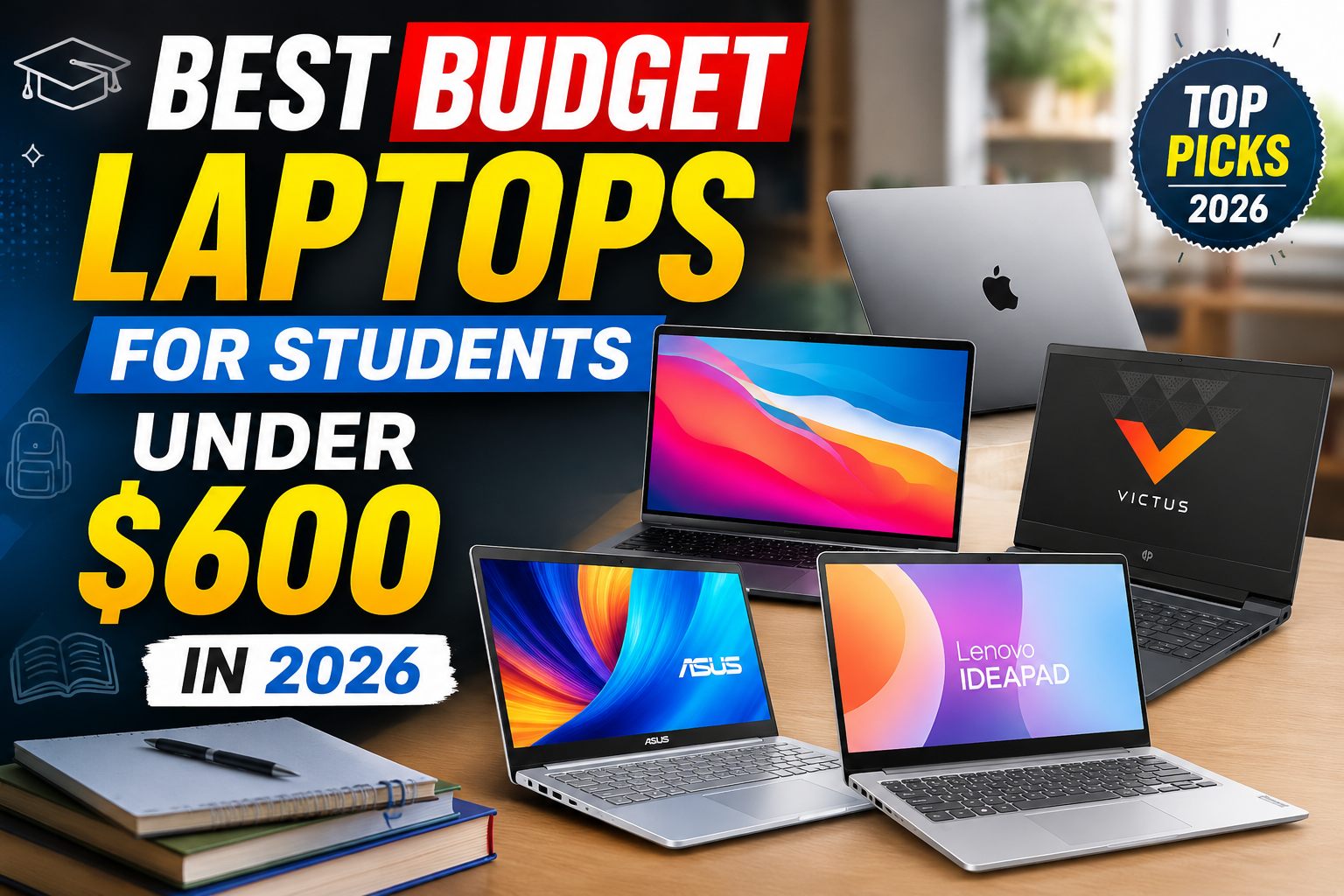Best budget laptops for students under $600 in 2026 featuring Apple MacBook Neo, Lenovo IdeaPad Slim 3i, HP Victus 15, and ASUS Vivobook 16.