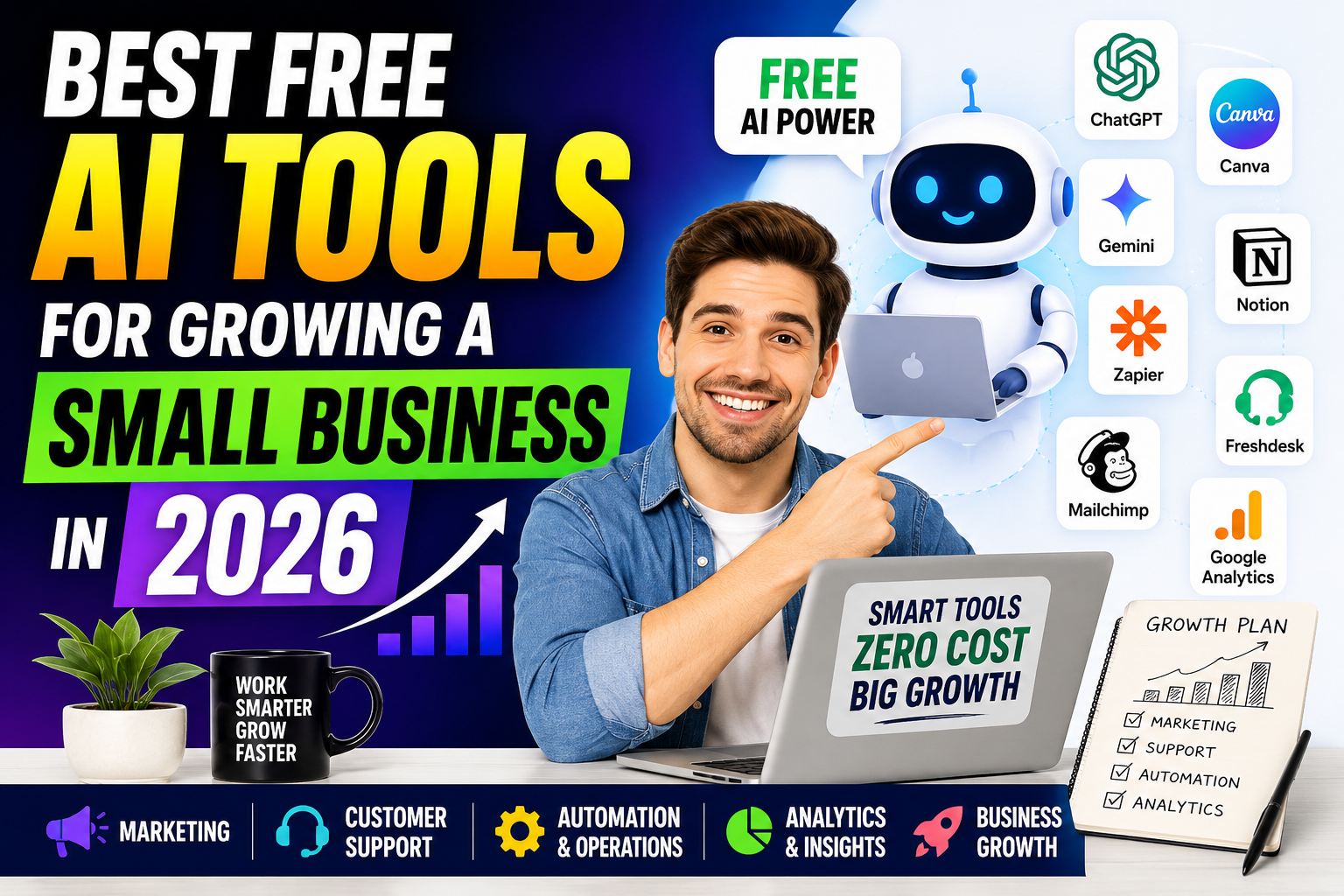 YouTube thumbnail showing the best free AI tools for growing a small business in 2026, featuring an AI robot, entrepreneur, ChatGPT, Canva, Gemini, Zapier, Mailchimp, Notion, Freshdesk, and Google Analytics with business growth graphics.
