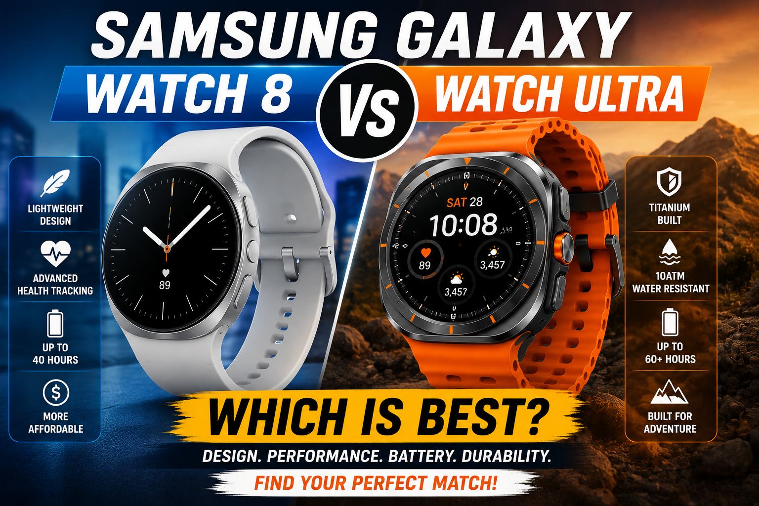 Samsung Galaxy Watch 8 vs Watch Ultra comparison thumbnail showing smartwatch design, battery life, durability, health tracking features, and performance differences.