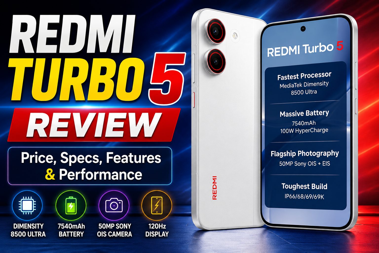 Redmi Turbo 5 Review thumbnail featuring the phone's design, price, specs, features, and performance.