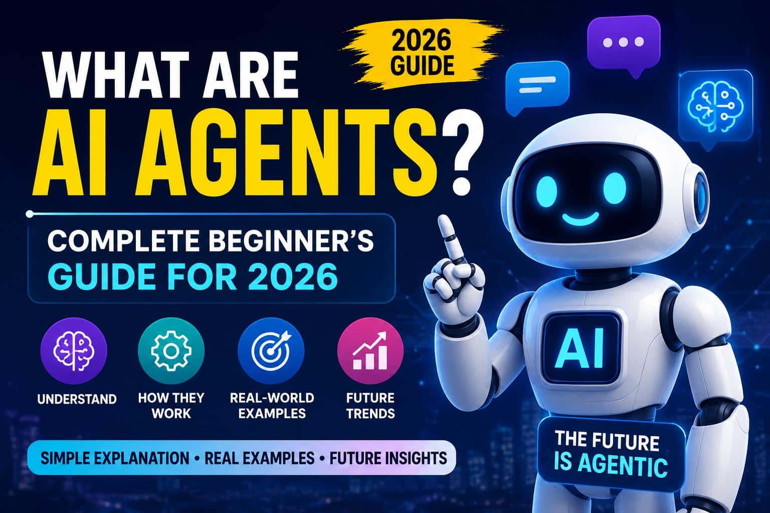 What Are AI Agents Complete Beginner's Guide for 2026 featuring a futuristic AI robot, automation icons, digital technology elements, and intelligent agent concepts.