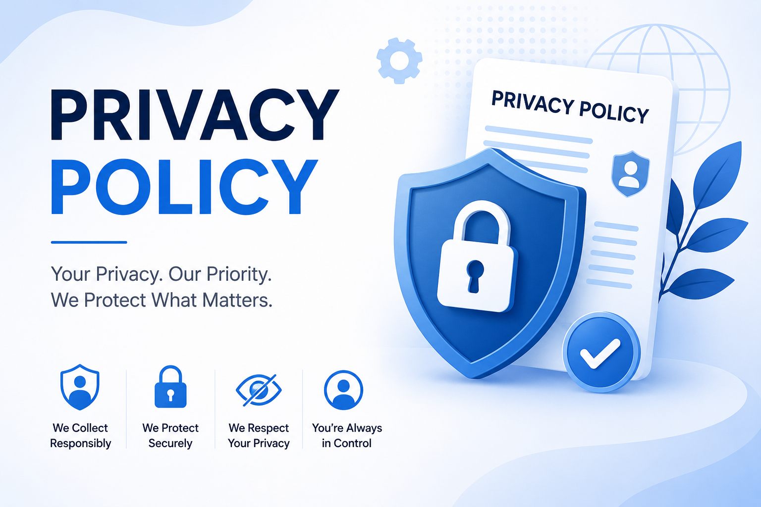 TechSpacee Privacy Policy illustration showing secure data protection, user privacy, cookies, and website security.