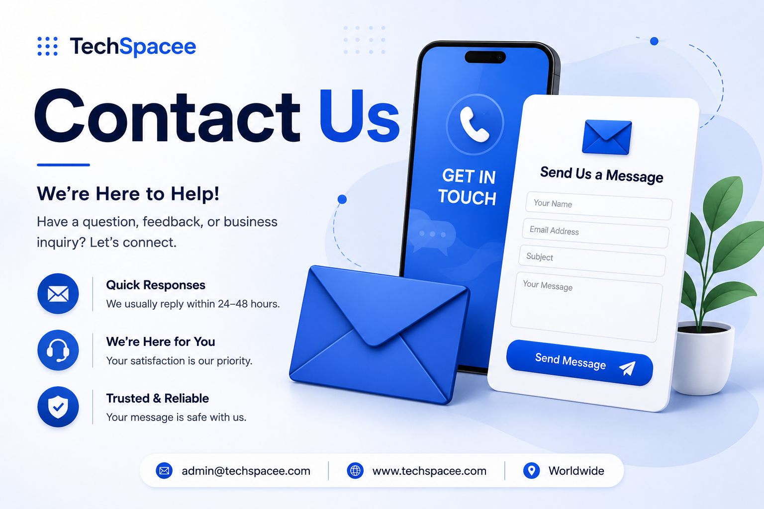 Contact TechSpacee feature image with contact form, email support, and business inquiry illustration.