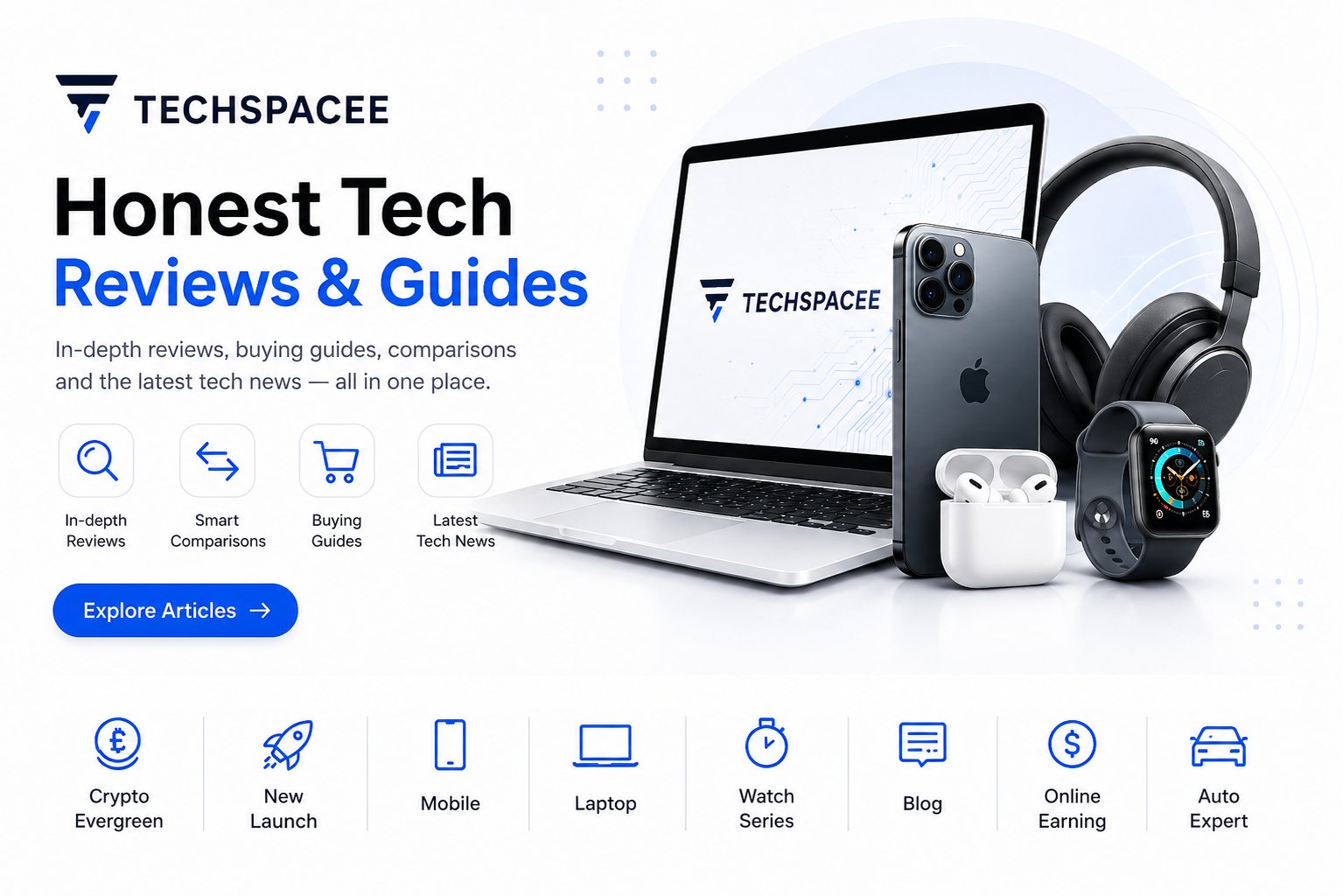 TechSpacee premium white hero banner with laptop, smartphone, smartwatch, earbuds, headphones and technology categories.