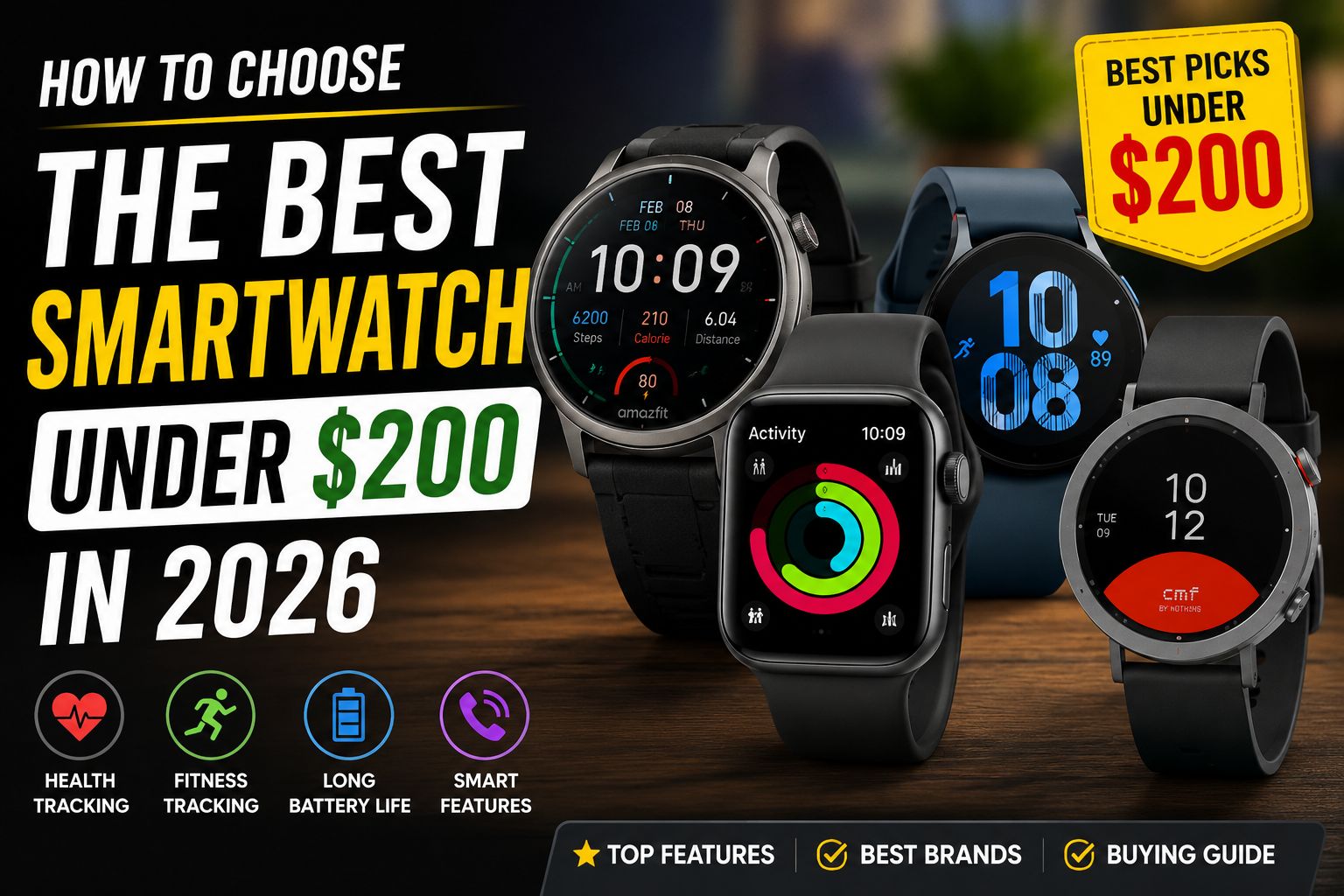Best smartwatches under $200 in 2026 featuring top budget-friendly wearables with health tracking, AMOLED displays, GPS, and long battery life.