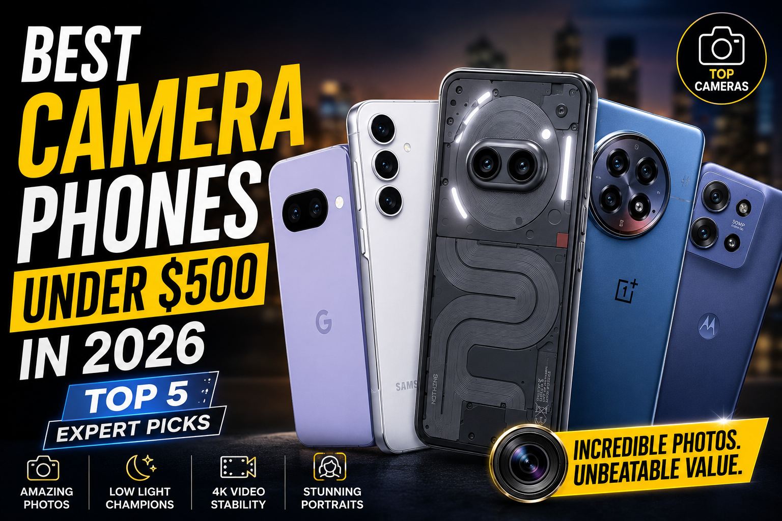 Best Camera Phones Under $500 in 2026 featuring Google Pixel 9a, Samsung Galaxy A55, Nothing Phone (2a) Plus, OnePlus 12R, and Motorola Edge 50 Pro.